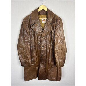 Vintage Shaino’s Brown Leather Car Coat Made in Canada 1970s Long Jacket Men L